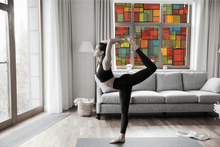 Load image into Gallery viewer, Lifestyle of a young lady doing a yoga pose in front of Fractal Cubic stained glass replication  window film