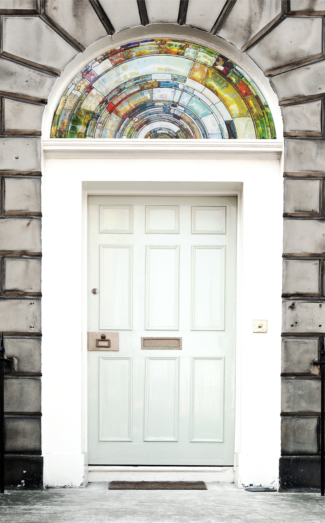 large white door with Kaleidoscopic Semi Circular fanlight glass window film installed on fanlight 