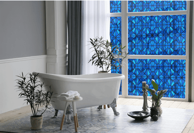 Lifestyle bathroom coral blue stained glass replication window film