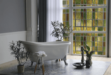 Load image into Gallery viewer, High-end bathroom with a white bath and Green floral stained glass window film on the widows to create beautiful solution to bathroom privacy